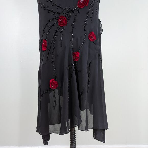 Vintage Sue Wong Maxi Dress Gown 6 Black Red Y2K Fairy Goth Silk Floral Velvet - Picture 7 of 16